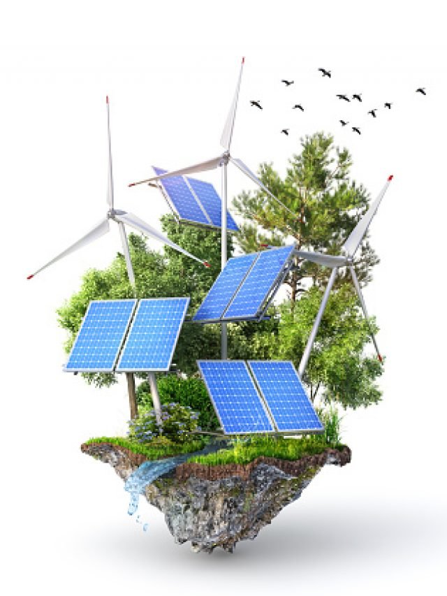  energy. Solar panels with wind stations on the island. 3d illustration